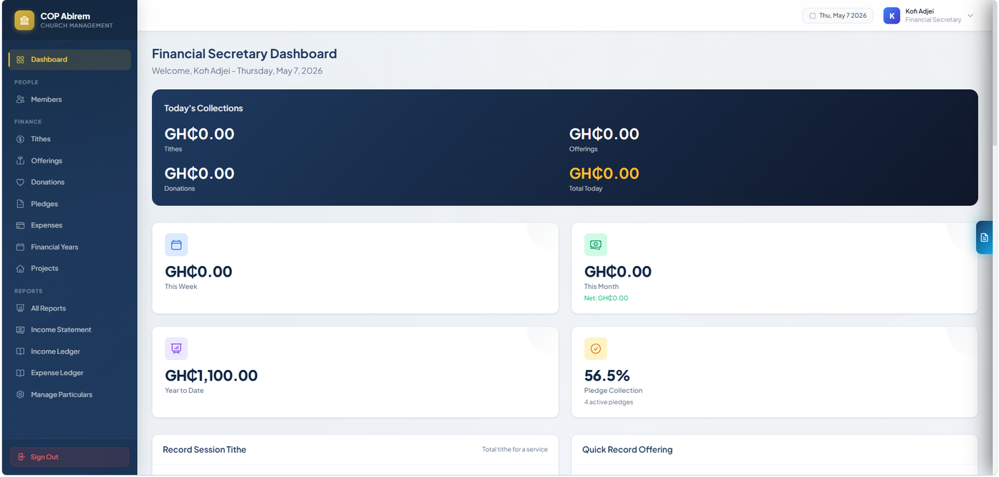 Financial Secretary dashboard showing today's collections, year-to-date totals, and quick-entry actions