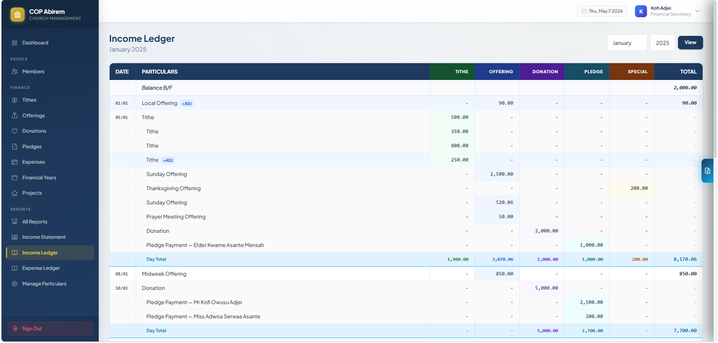 Income ledger showing a day-by-day transaction log of tithes, offerings, donations, and pledges