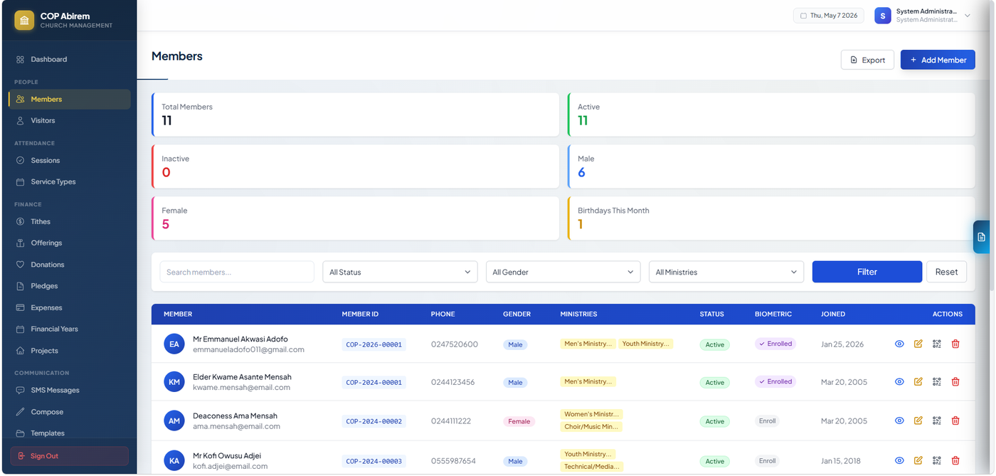 Member directory showing a searchable list of members with ministry membership, biometric status, and quick actions